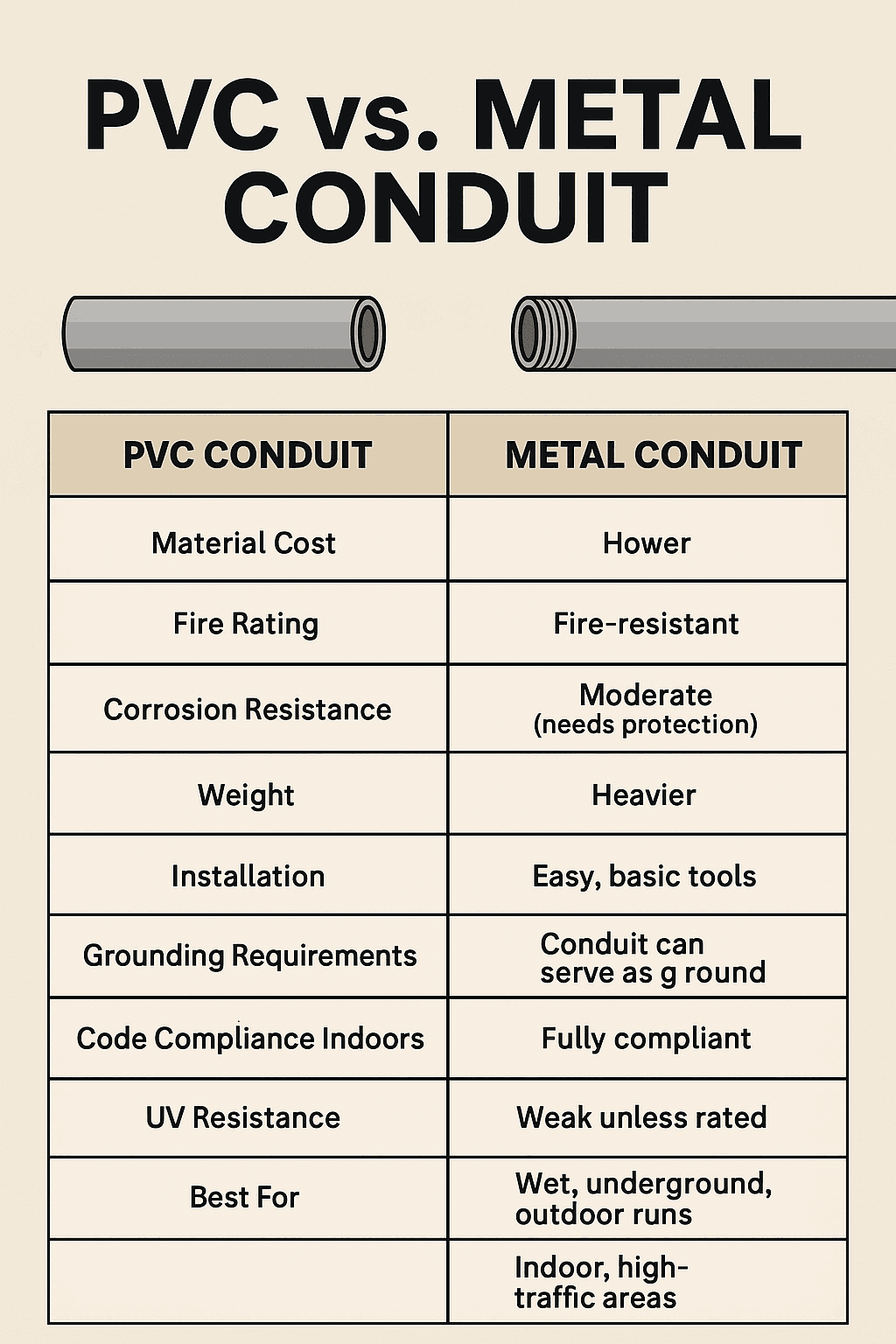 Comparison table showing the differences between PVC conduit and metal conduit, including cost, fire rating, corrosion resistance, weight, installation, grounding, code compliance, UV resistance, and best use cases.