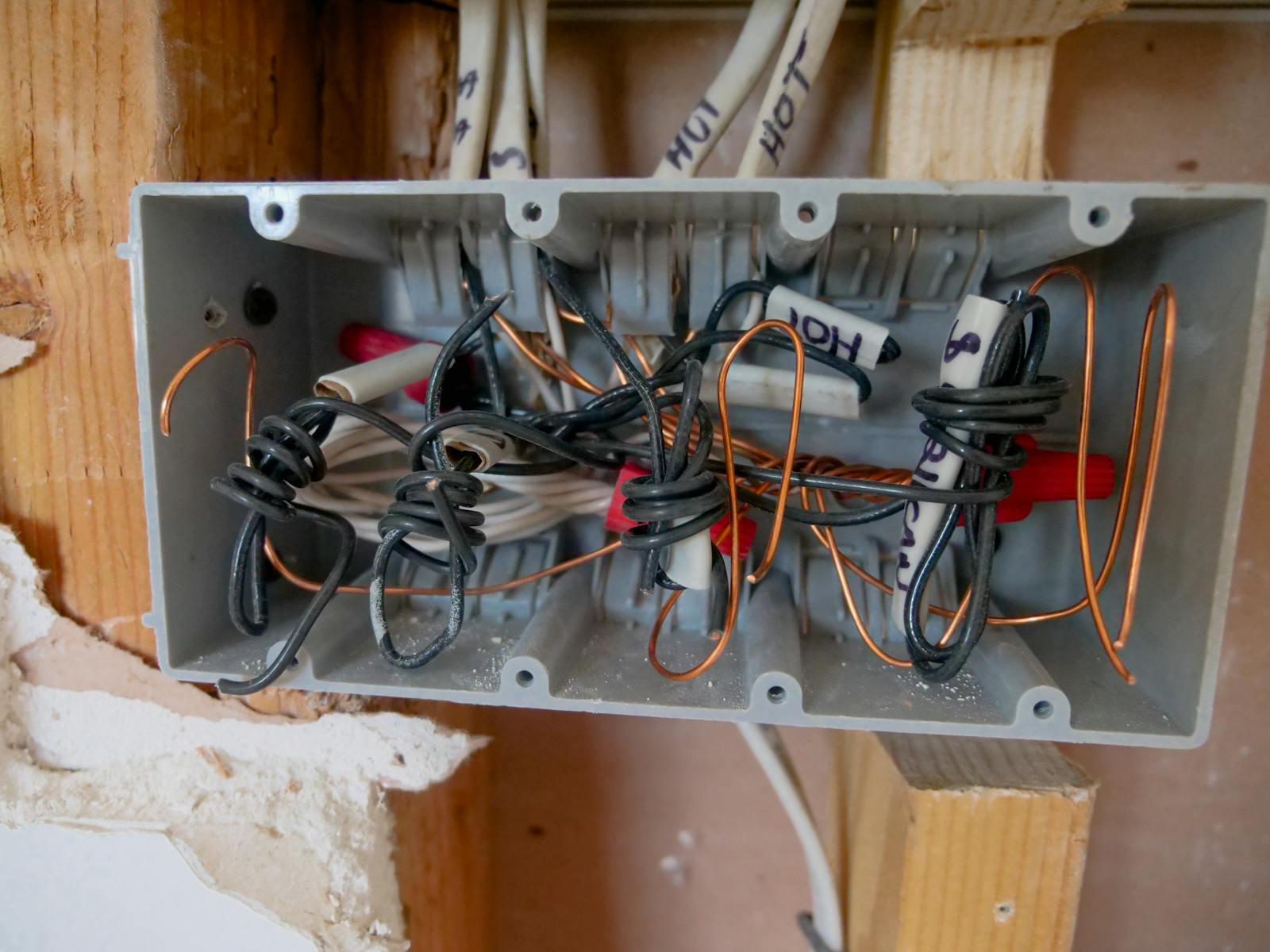 Detailed view of an open electrical switchboard withLine vs Load Wires cables.
