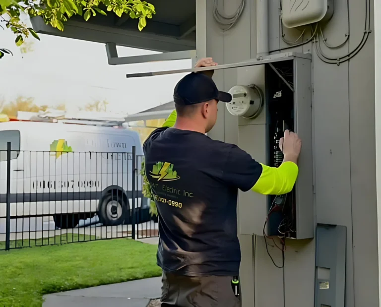 Sacramento electrician inspecting electrical panel affected by heat