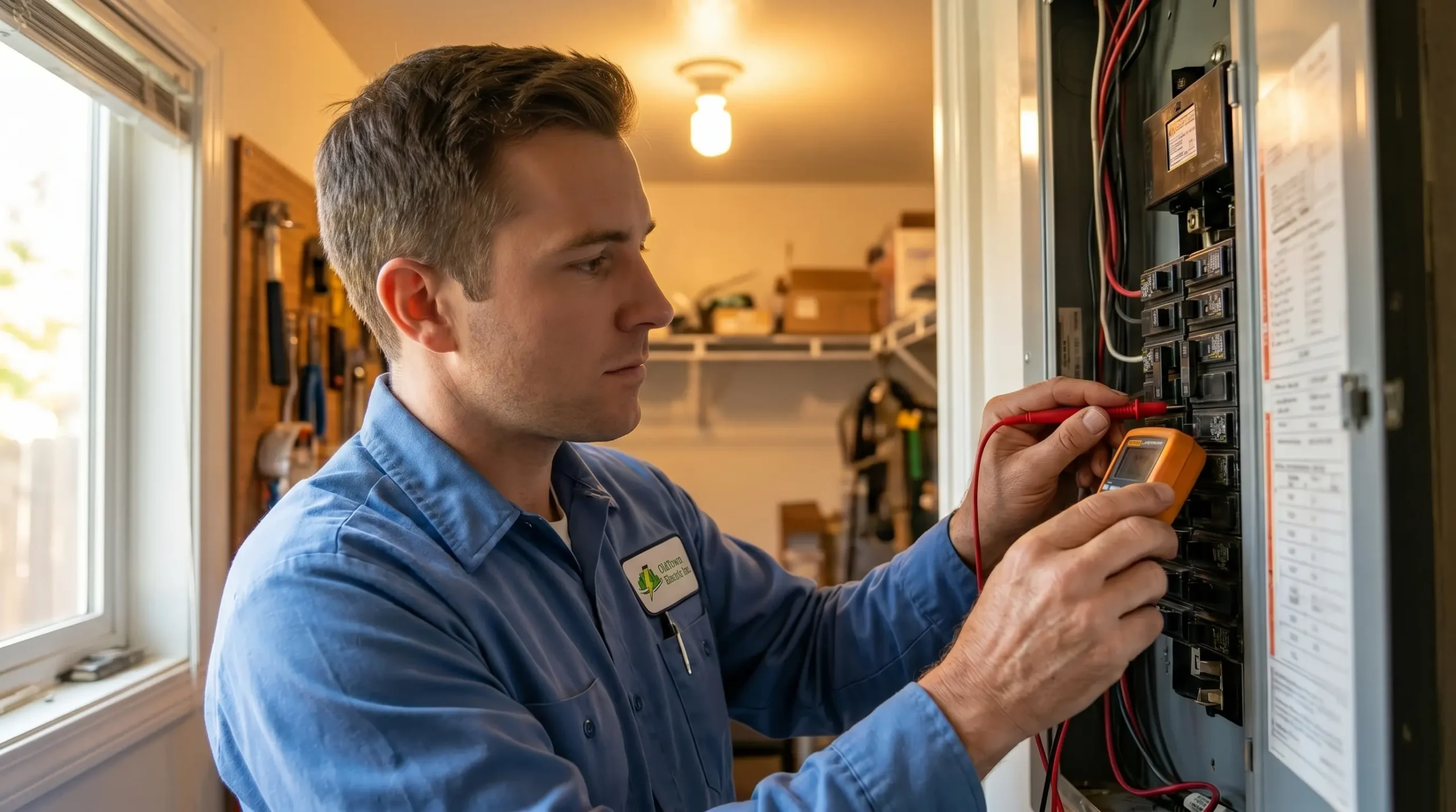A licensed electrician in a blue work shirt inspects a residential electrical panel in a Sacramento-area home