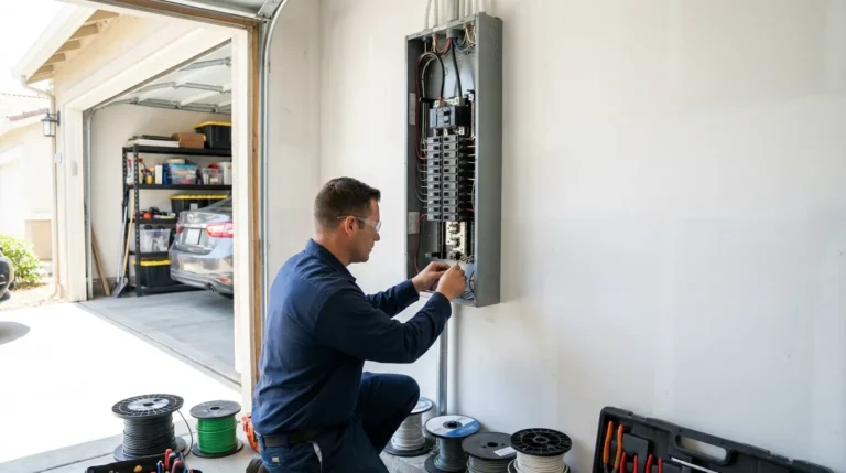 Electrician installing a residential subpanel in a Sacramento garage