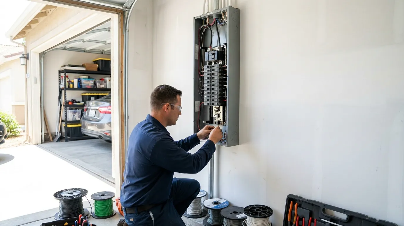Electrician installing a residential subpanel in a Sacramento garage